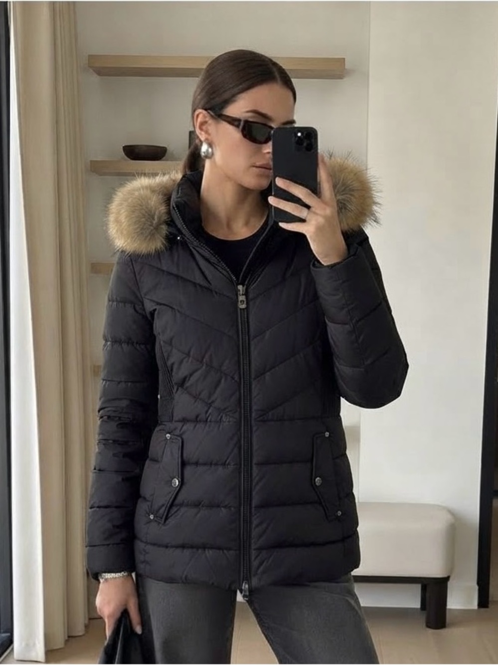 Michael Kors Women's Black Chevron Down Puffer Coat XL Faux Fur Detachable Hood